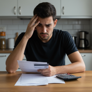 Cliente preocupado revisando extracto de tarjeta revolving con intereses abusivos en León